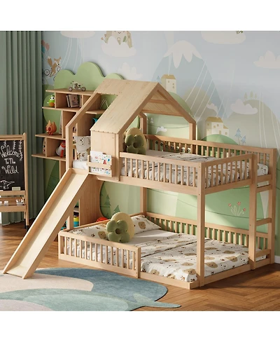 Streamdale Furniture Wood Floor House Bunk Bed with Slide and Ladder