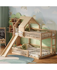 Streamdale Furniture Wood Floor House Bunk Bed with Slide and Ladder