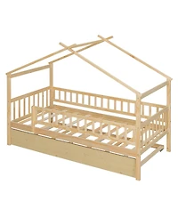 Streamdale Furniture Twin Size Wooden House Bed with Twin Size Trundle