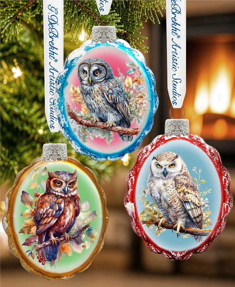 Designocracy Wise Owls Keepsake Mercury Christmas Glass Ornaments Set of 3 G. DeBrekht