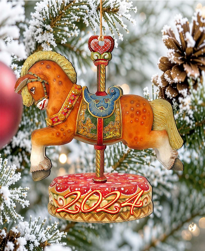 Designocracy Dated Carousel Horse Christmas Wooden Ornaments Holiday Decor Set of 2 G. DeBrekht
