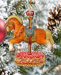 Designocracy Dated Carousel Horse Christmas Wooden Ornaments Holiday Decor Set of 2 G. DeBrekht