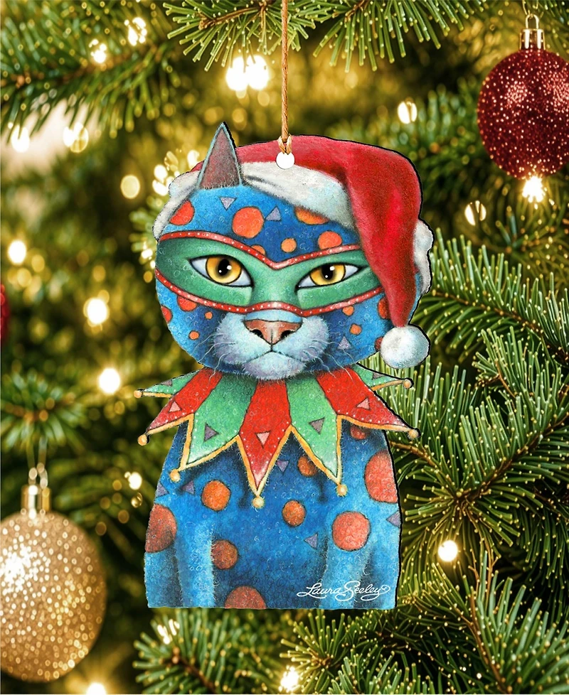 Designocracy Mardi Gras Santa Cat Wooden Ornament by Laura Seeley Pets Decor Set of 2