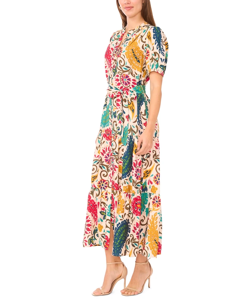Msk Women's Floral Button-Front Maxi Dress with Self-Tie Belt