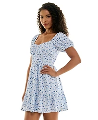 Kingston Grey Juniors' Floral Print Eyelet Puff-Sleeve Mini Dress