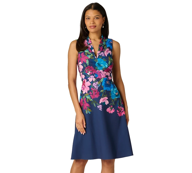 Adrianna Papell Women's Border Floral Collar Midi Dress