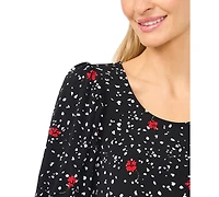 CeCe Women's Printed Scoop Neck Shirred Top