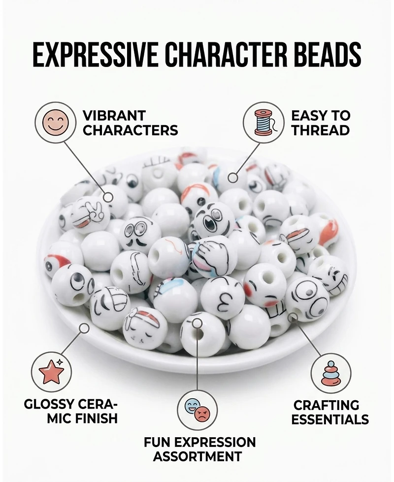 Sevorley 50Pcs White 12mm Ceramic Expression-Face Loose Beads for Diy Jewelry
