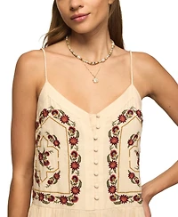 Lucky Brand Women's Contrast Embroidered Button Front Mini Dress