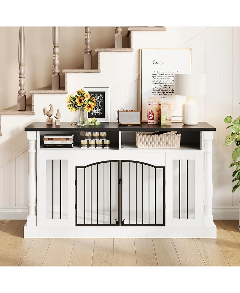 63" Large Dog Crate for 2 Dogs, Roman Column Kennel with Open Storage for Small Medium Dogs, Dog Cage Table Tv Stand, Dog Kennel Entertainment Center