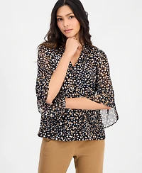 Anne Klein Essentials Petite Printed 3/4-Bell-Sleeve Split-Neck Top