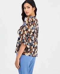 Anne Klein Essentials Petite Floral-Print Split-Neck Bell-Sleeve Top