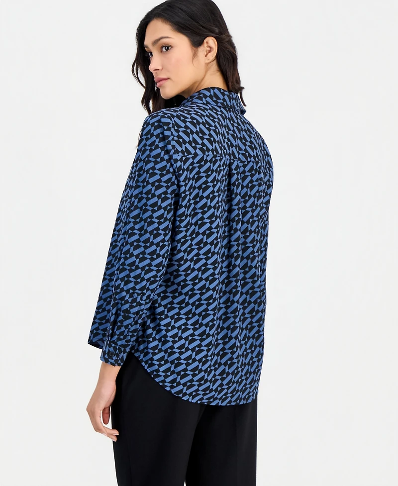 Anne Klein Essentials Petite Printed Button-Front Long-Sleeve Blouse