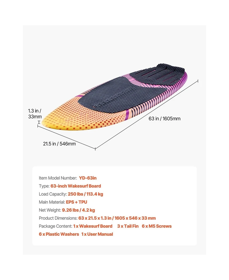 Sevorley 63-Inch Wakesurf Board with Eps Core, Eva Pad, and 3 Tail Fins