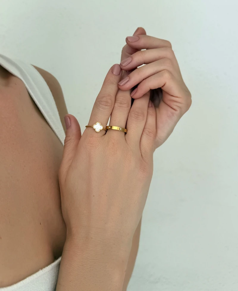 Adornia Gold Imitation Pearl Clover and Eternity Band Ring Set