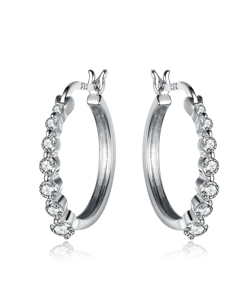 Genevive Timeless White Gold Plated Cz Small Graduated Hoop Earrings