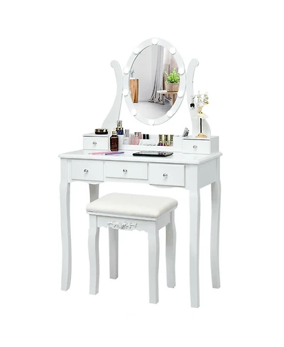 Volenca Lighted Vanity Set with 10 Led Bulbs, 5 Drawers, Cushioned Stool