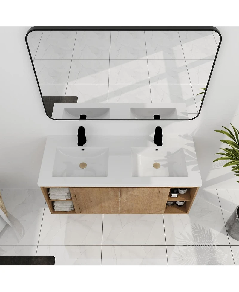 Sillysis 47.6 Inch Wall Mounted Double Sink Bathroom Vanity with Open Storage and Soft Close Doors, Modern Plywood Cabinet
