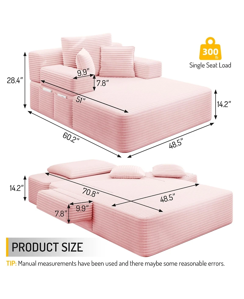 Clihome Luxurious Plush Corduroy Chaise Lounge with 3 Pillows, Convertible Sofa Bed Storage Pocket for Small Spaces, Living Room