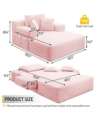 Clihome Luxurious Plush Corduroy Chaise Lounge with 3 Pillows, Convertible Sofa Bed Storage Pocket for Small Spaces, Living Room