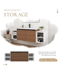 Sillysis Wall Mounted Bathroom Vanity with Resin Sink and Open Storage Shelves for Small Modern