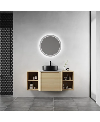 Sillysis Wall Mounted Bathroom Vanity with Ceramic Vessel Sink, Stone Top and Storage Shelves for Modern Bathrooms