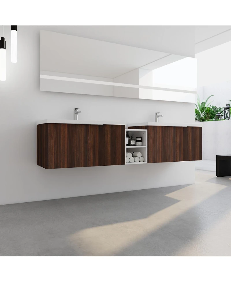 Sillysis Wall Mounted Double Bathroom Vanity with Resin Sinks, Plywood Cabinets and Open Storage for Modern Bathrooms