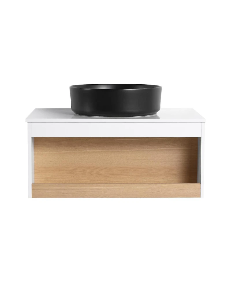 Sillysis Wall Mounted Bathroom Vanity with Vessel Sink, Floating Plywood Cabinet, Open Storage for Small Spaces