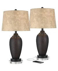 Franklin Iron Works Kaly Rustic Table Lamps Set of 2 with Round Risers 26" High Oil Rubbed with Usb Charging Port Drum Shade for Living Room