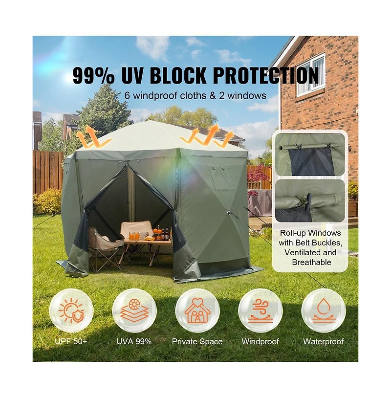 Sugift Pop Up Gazebo Tent 6 Sided Canopy Sun Shelter with Mosquito Netting Army Tone