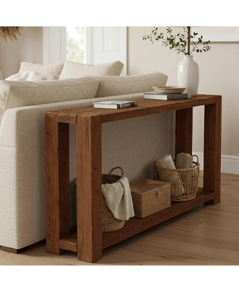 Tribesigns 2-Tier Solid Wood Console Table, 63-Inch Narrow Long Wooden Entryway Table with Open Storage Shelf