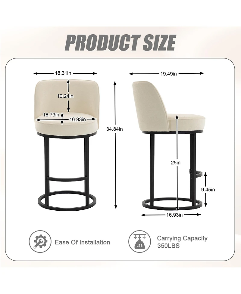 Rainsken Modern Barrel Bar Stools Set of 2 Linen Fabric Upholstered Counter Height Chairs with Back and Footrest for Kitchen Island