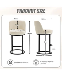 Rainsken Modern Barrel Bar Stools Set of 2 Linen Fabric Upholstered Counter Height Chairs with Back and Footrest for Kitchen Island