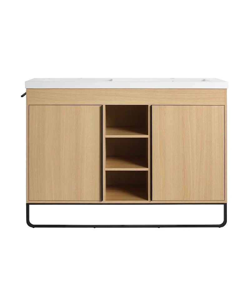 Sillysis 47.6 Inch Freestanding Double Sink Bathroom Vanity with Soft Close Doors, Open Shelves and Storage Boxes, Modern Plywood Cabinet