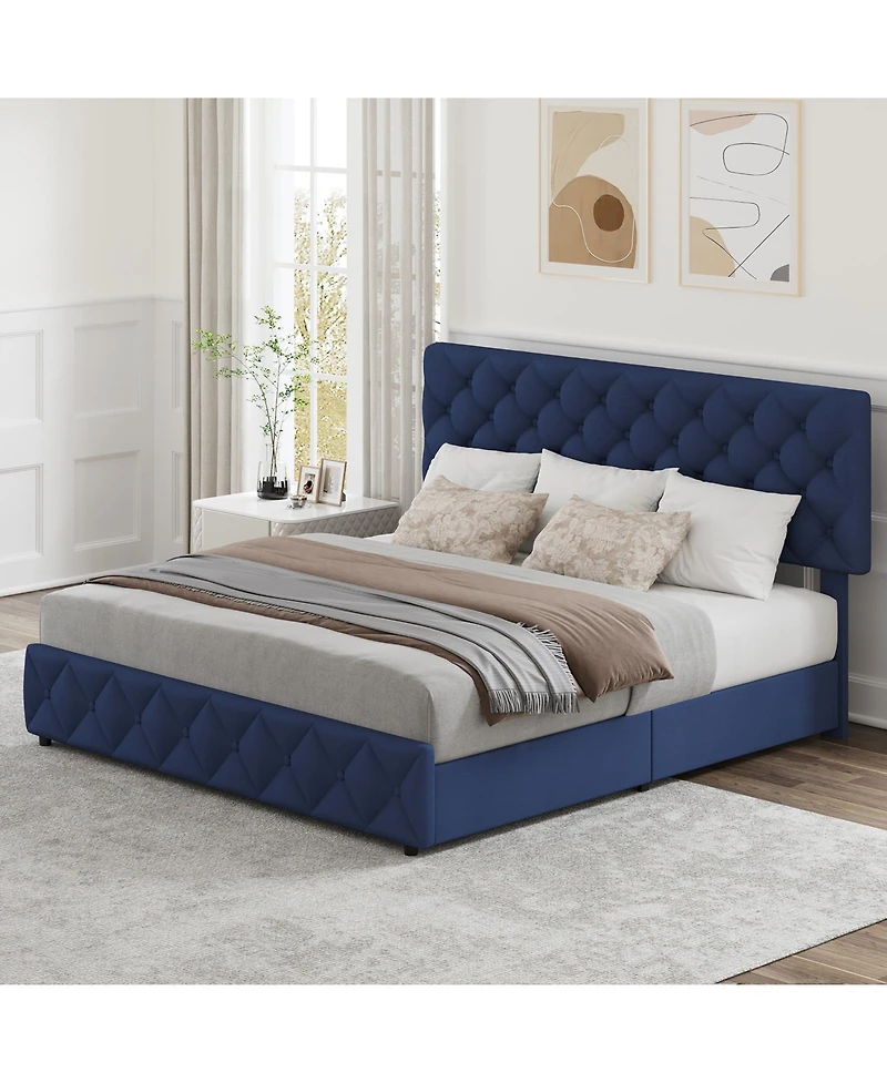 homfan Upholstered Platform Bed Frame with 4 Storage Drawers Adjustable Headboard, Pu Leather Platform Storage Bed Frame with Button Tufted