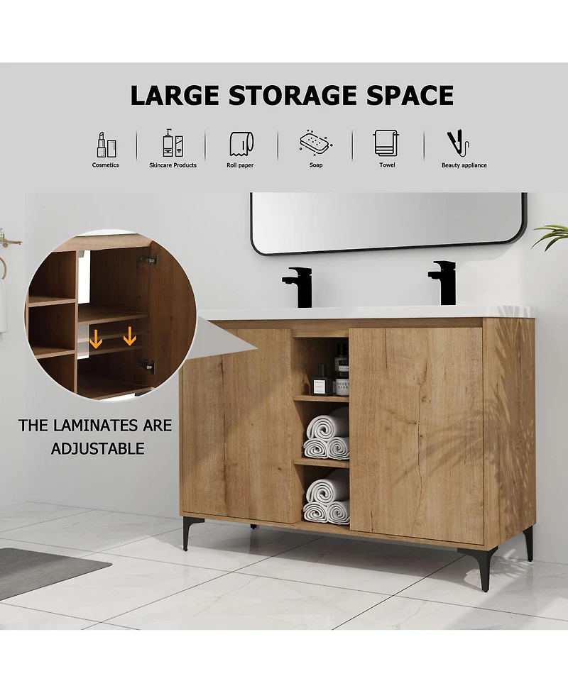 Sillysis 47.6 Inch Freestanding Double Sink Bathroom Vanity with Resin Basin, Adjustable Shelves and Open Storage, Modern Design