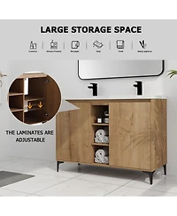 Sillysis 47.6 Inch Freestanding Double Sink Bathroom Vanity with Resin Basin, Adjustable Shelves and Open Storage, Modern Design