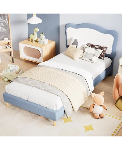 homfan Scalloped Headboard Design Kids Bed Frame, Upholstered Platform, Soft Fabric, Wooden Slats, Sturdy, No Box Seasonal Needed, Low to Ground