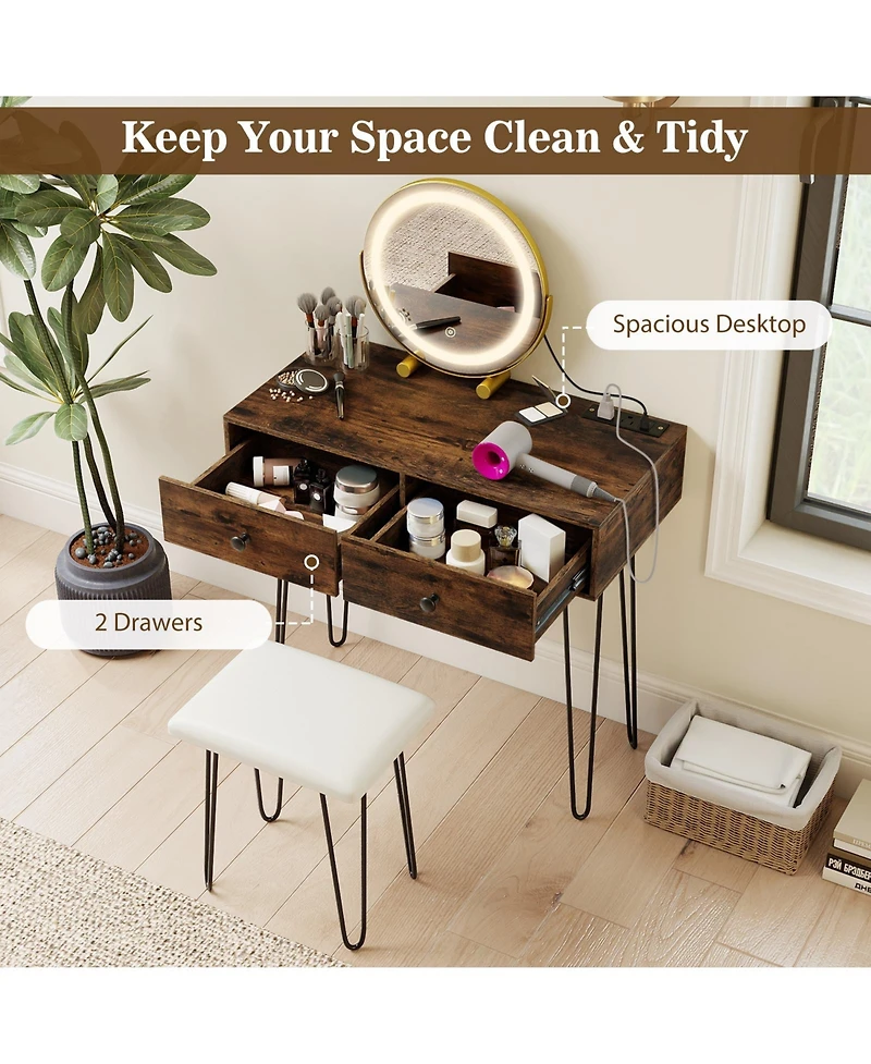 Volenca Vanity Desk with Lighted Adjustable Mirror, Usb-c, and Stool, 30-in Tabletop