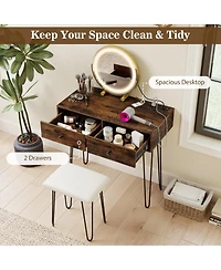 Volenca Vanity Desk with Lighted Adjustable Mirror, Usb-c, and Stool, 30-in Tabletop