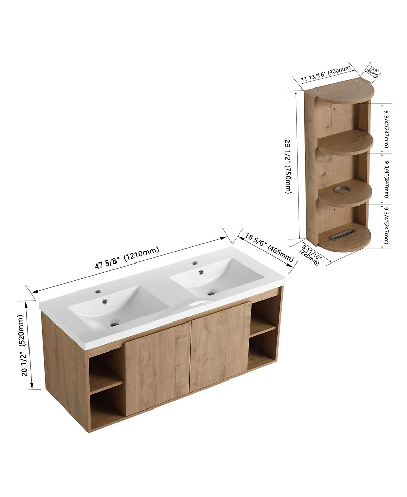 Sillysis 47.6 Inch Wall Mounted Double Sink Bathroom Vanity with Storage Rack, Open Shelves and Soft Close Doors, Modern Plywood Cabinet