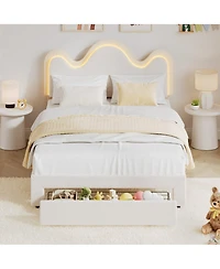 homfan Led Upholstered Platform Bed, Adjustable Petal Headboard, Storage Drawer, Boucle Lamb Fleece, Wood Slats