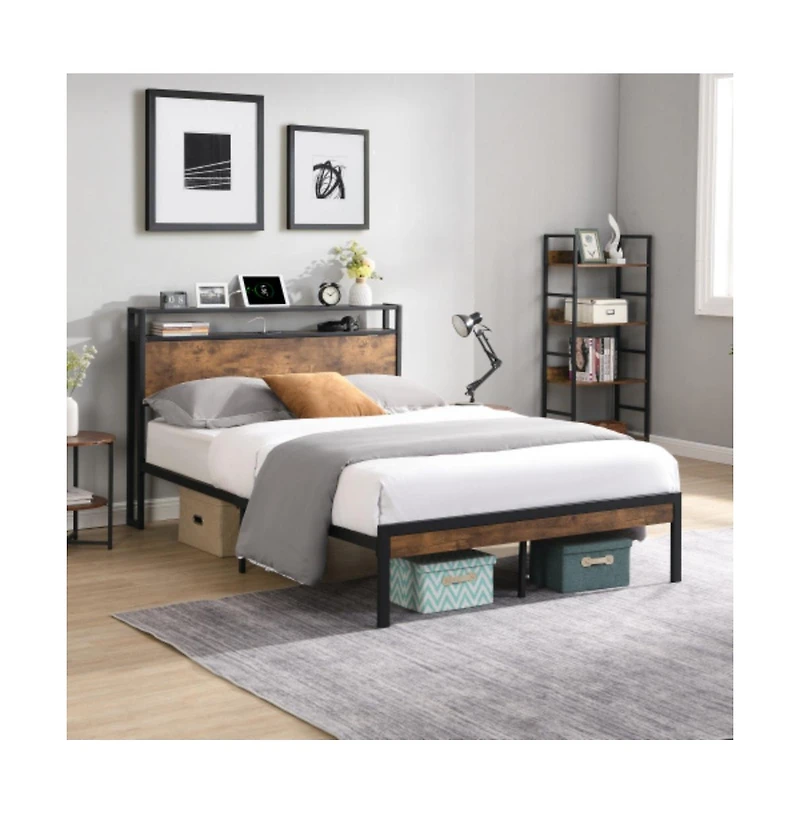Lucky One Queen Size Metal Platform Bed Frame with Wooden Headboard and Footboard, Usb Ports, No Box Spring Needed, 10inch Under-Bed Storage
