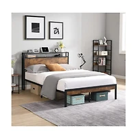 Lucky One Queen Size Metal Platform Bed Frame with Wooden Headboard and Footboard, Usb Ports, No Box Spring Needed, 10inch Under-Bed Storage