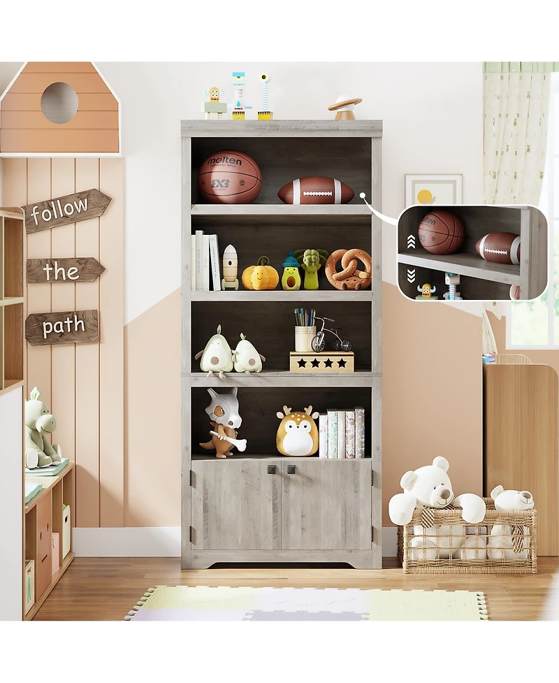 homfan 5-Tier Modern Storage Cabinet with Doors and Adjustable Shelves, Anti-Slip Tall Bookcase for Home Office, Living Room, Study, Library