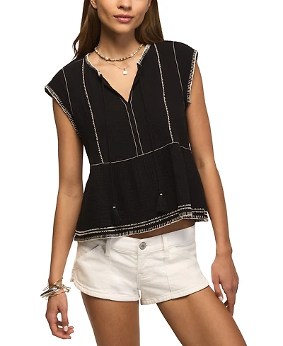 Lucky Brand Women's V-Neck Contrast Embroidered Ruffle Top