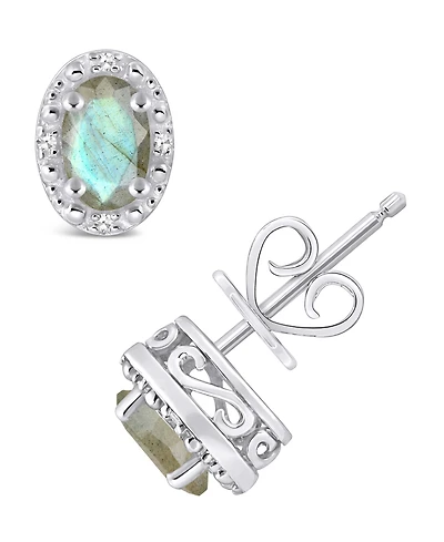 Onyx & Diamond Accent Oval Stud Earrings Sterling Silver (Also Labradorite Turquoise)