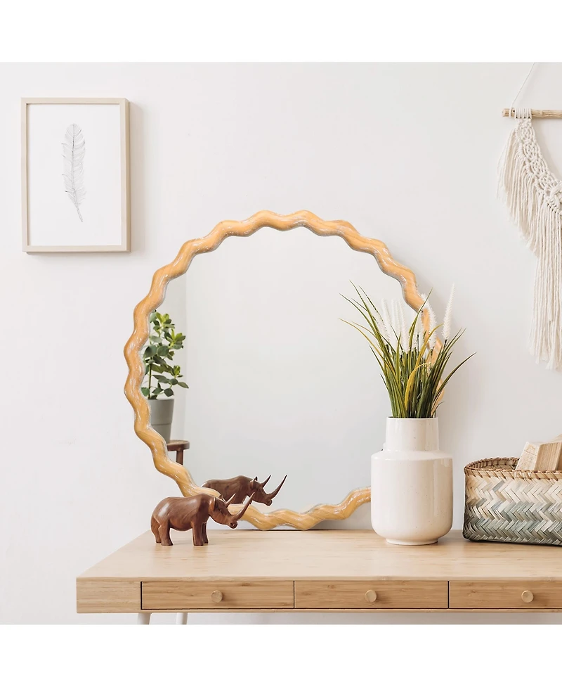Midola 27.5" Round Wavy Wall Mirror for Bathroom Vanity, Wooden Farmhouse Circle Mirrors for Bedroom, Entryway, Living Room, Kitchen