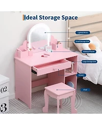 homfan Elegant Vanity Desk with Mirror and Lights, Princess Makeup Table Stool, Drawer Open Storage Shelves, Wooden Dressing