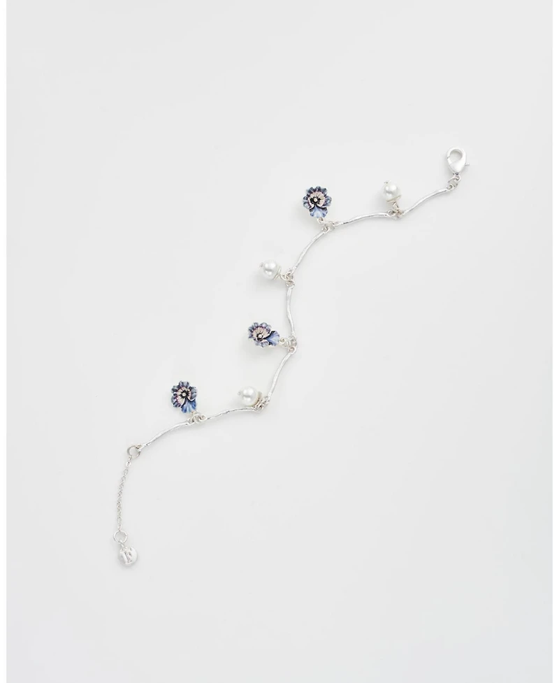Fable England Silver Pansy and Pearl Charm Bracelet